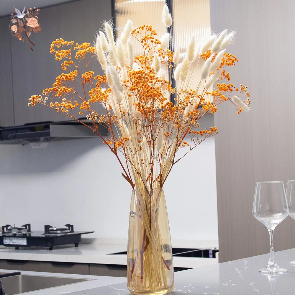 bouquet fleurs séchées orange rose bleu blanc vase transparent décoration naturelle rustique maison