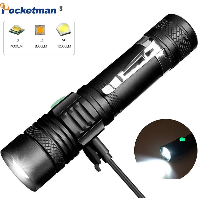 lampe torche led rechargeable usb 12000 lumens clip poche moderne robuste camping