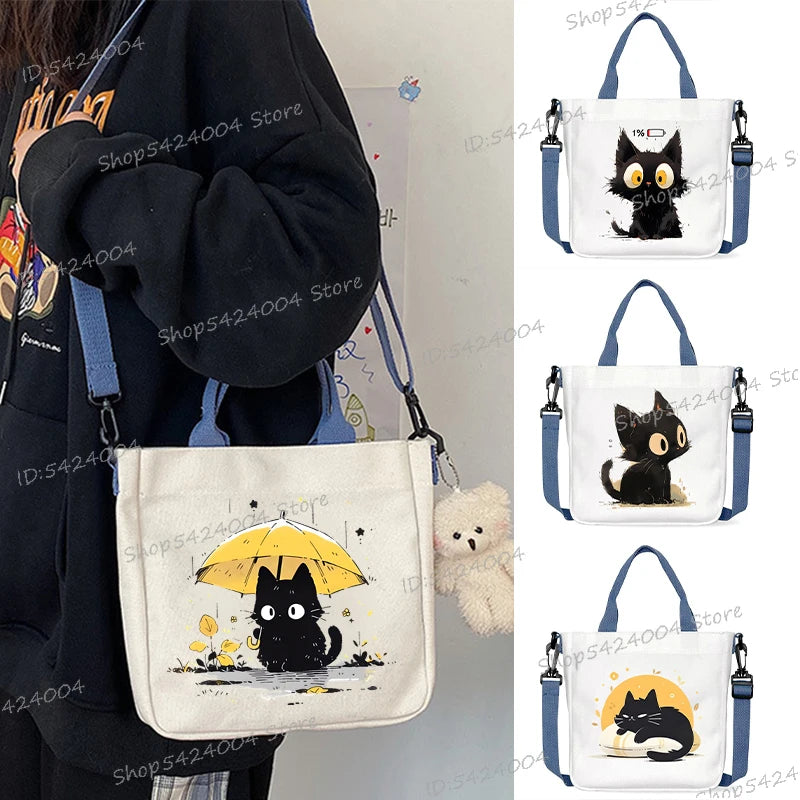 sac bandoulière toile blanc motif chat noir dessin animé kawaii fille
