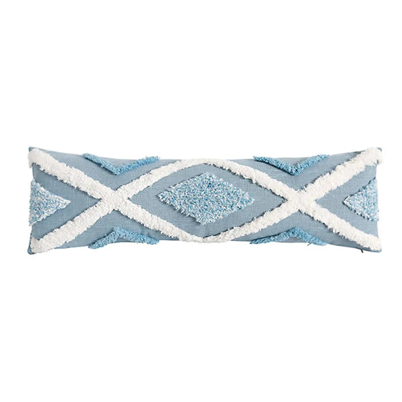 coussin decoratif bleu blanc motif geometrique moderne boho chic amovible lavable tassel adhésif coton