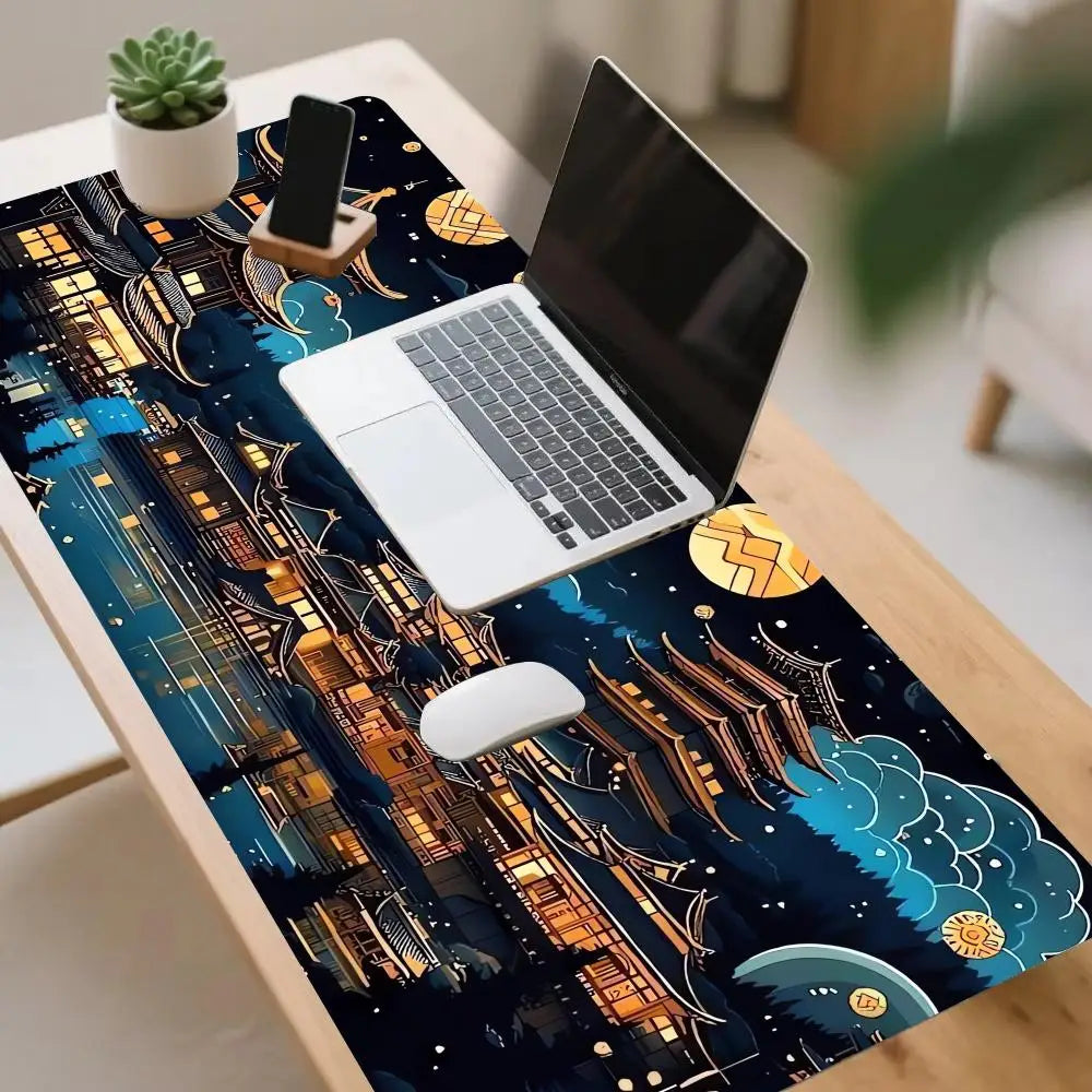 tapis souris noir illustration pagodes japonaises nuit caoutchouc antiderapant jeu numérique