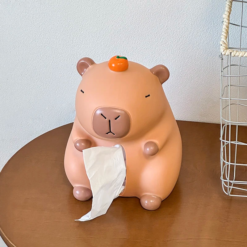 boîte mouchoirs cartoon capibara marron clair visage mignon oreilles boutons pomme orange mouchoirs blancs