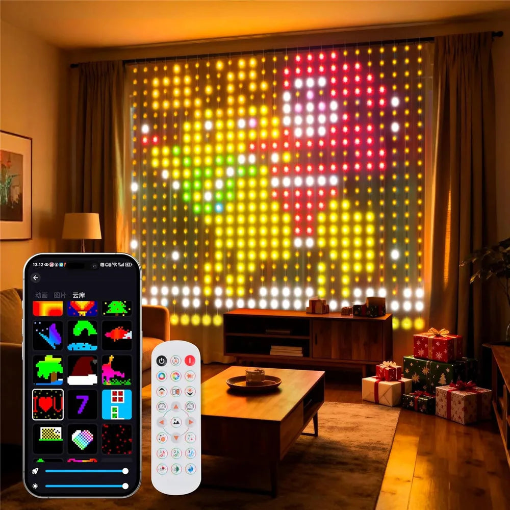 rideau lumineux led multicolore pixel art noel moderne clips télécommande câble alimentation