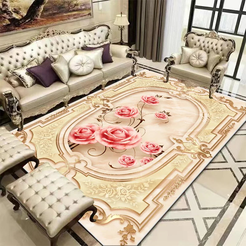 Un élégant tapis ornemental beige et or orné de roses roses romantiques, complétant un salon de style classique avec des meubles rembourrés et des luminaires vintage.