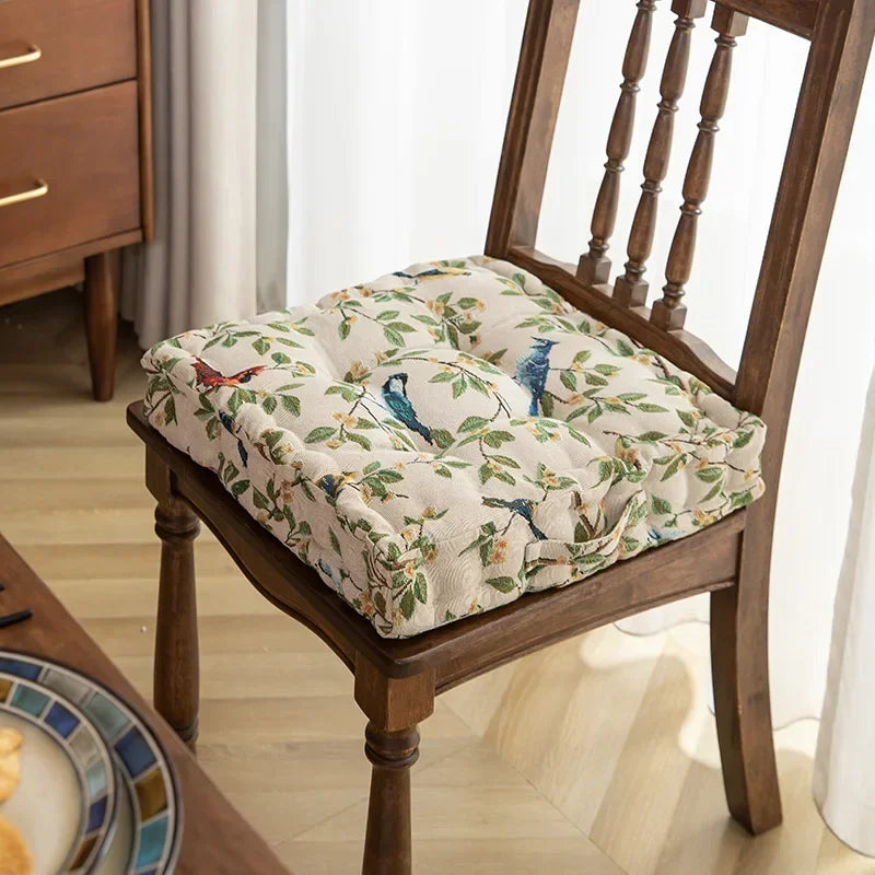 coussin siège carré coton imprimé floral oiseaux rouge vert marron traditionnel