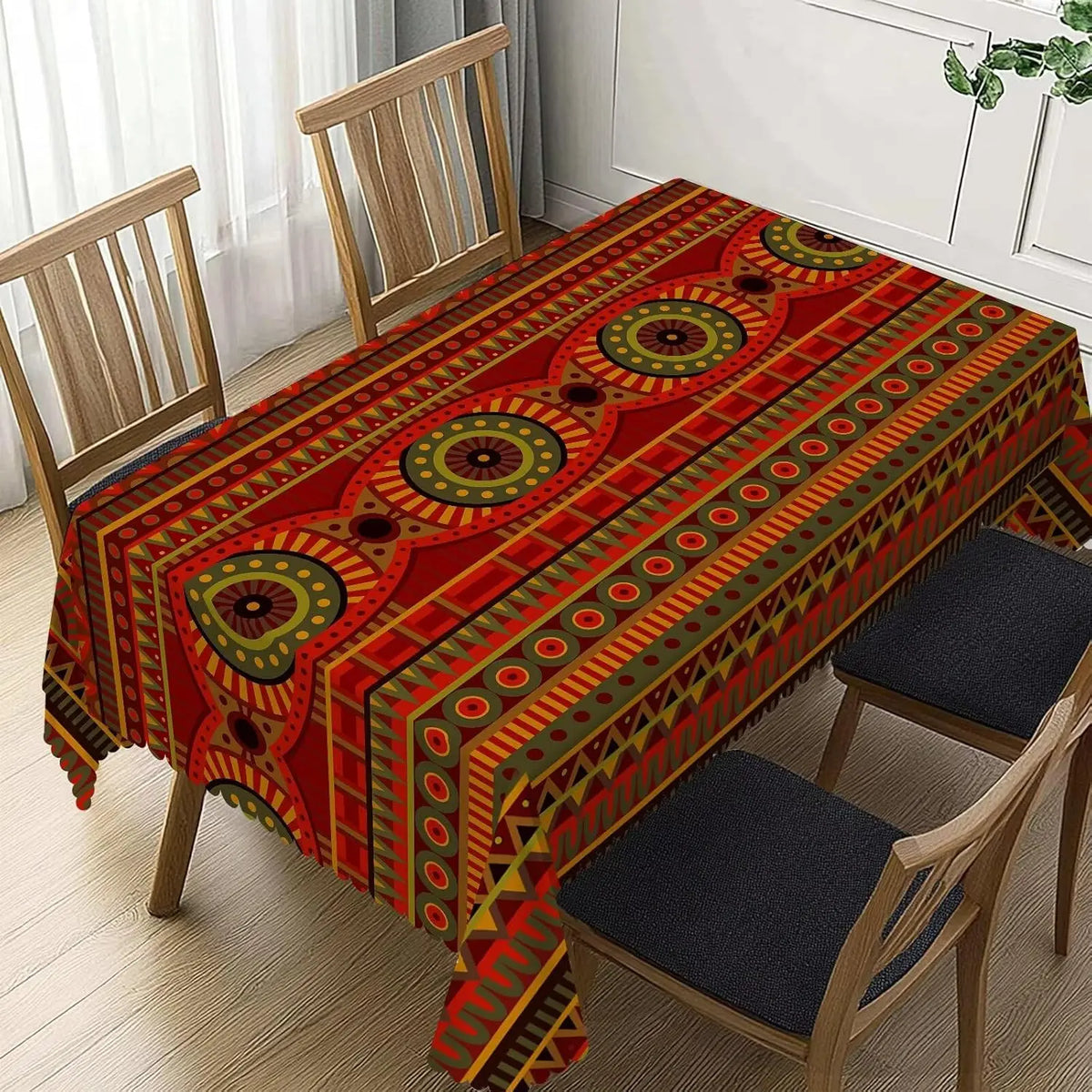 nappe table ethnique géométrique rouge verte noir beige 100% polyester imperméable réutilisable moderne