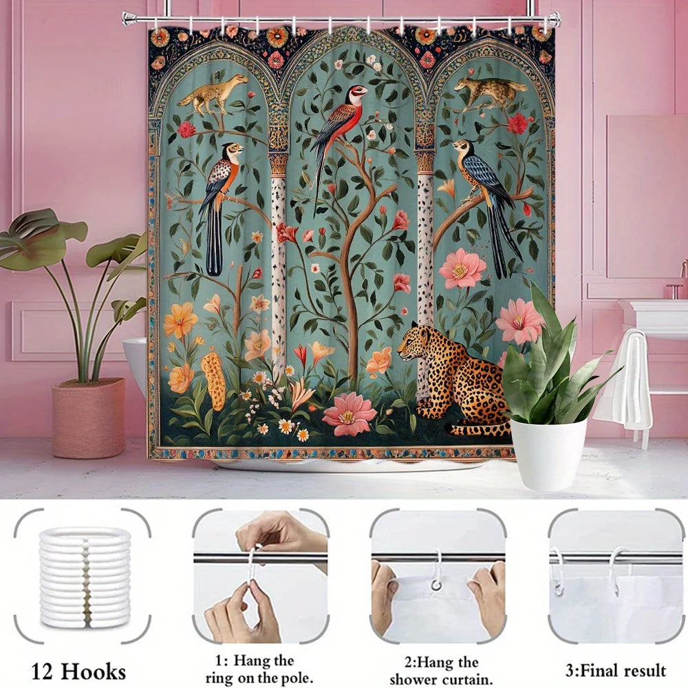 rideau douche floral oiseaux léopard art nouveau 12 anneaux métalliques