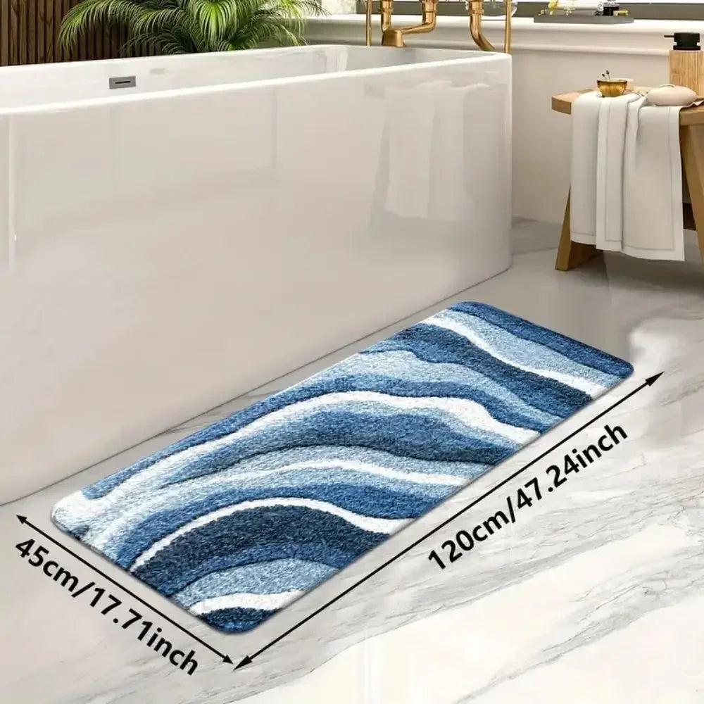 tapis bain bleu blanc rayures ondulées moderne antidérapant absorbant intérieur salle bain cuisine couloir