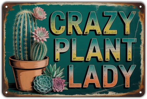 plaque decorative vintage cactus succulentes crazy plant lady couleur vert beige rose gris 20x30cm