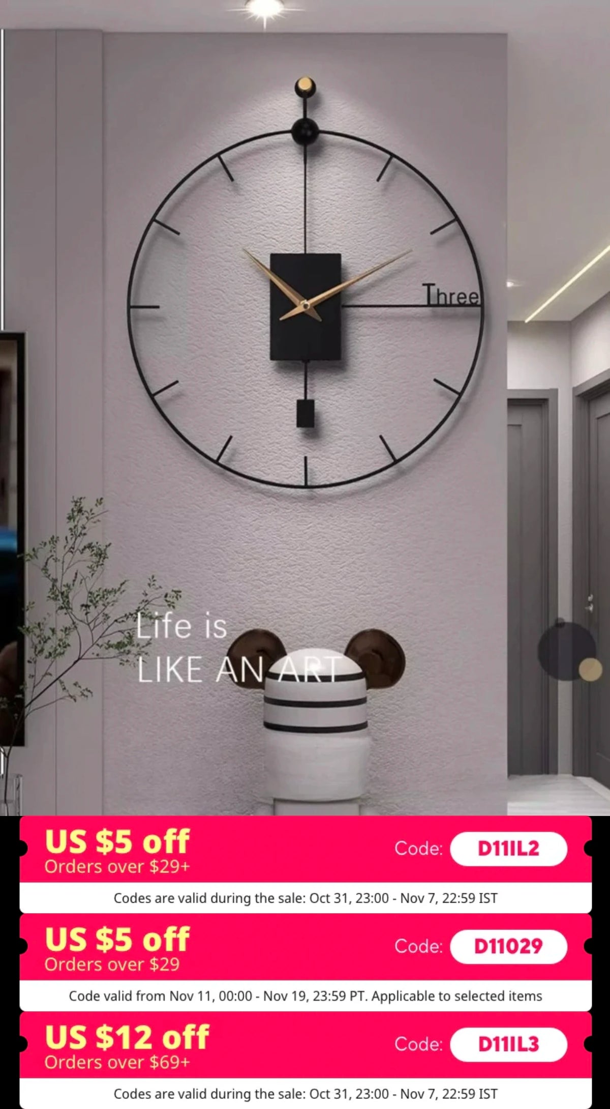 pendule oscillant horloge murale moderne aiguilles métal noir or salonDecorationMuraleQuartzSweepSecondMovement