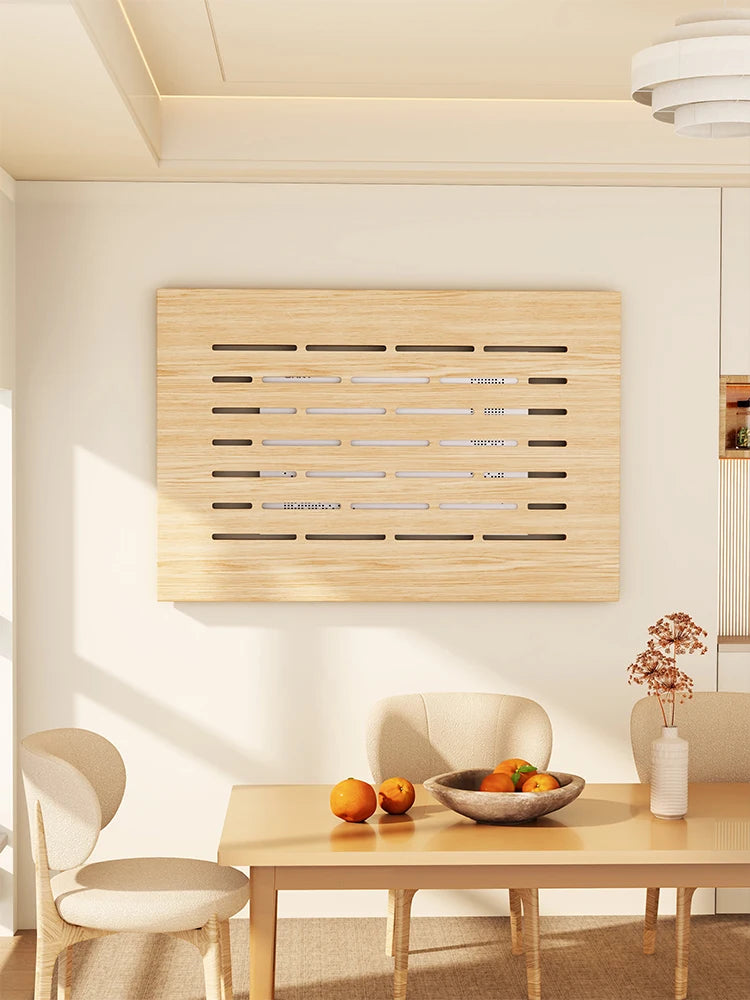 radiateur mural bois naturel moderne rayures horizontales salon appartement chic