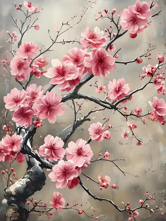 peinture numéros toile fleurs cerisier moderne rose gris branches abstrait facile débutant decoration cadeau