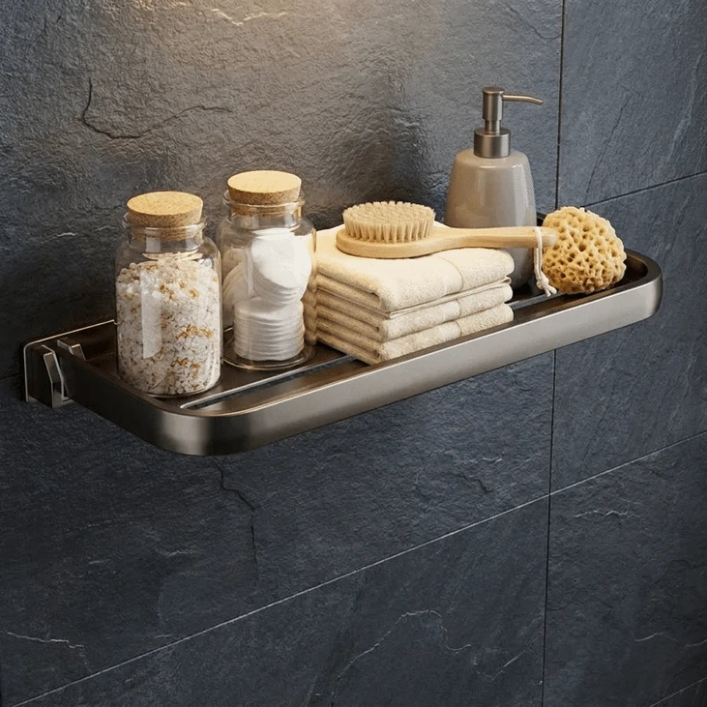 étagère salle bain réutilisable moderne argenté blanc noir plate lisse robuste étanche rangement mur
