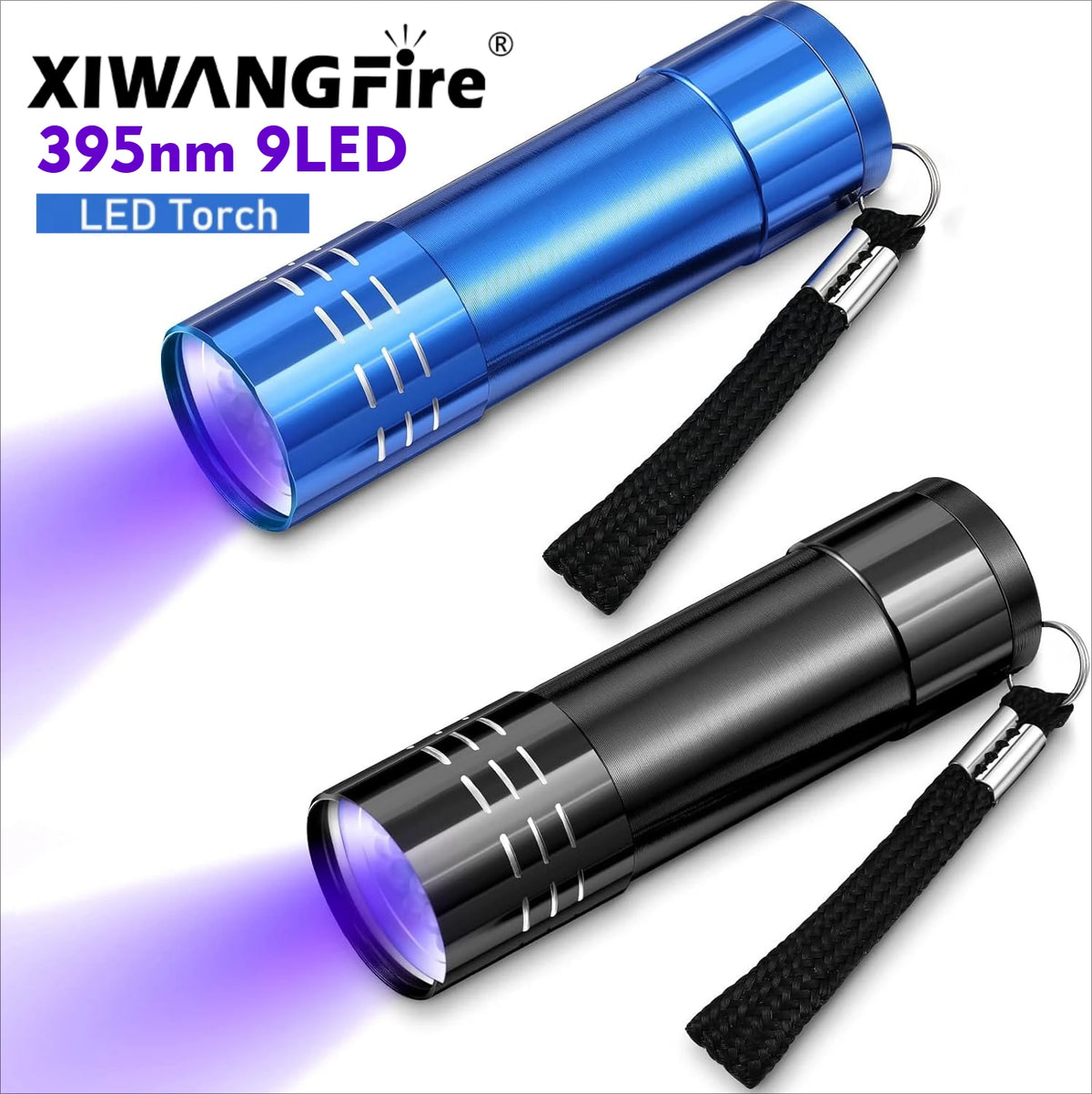 lampe torche uv led bleu noir rouge batterie aaa moderne compact aluminium lisse brillant