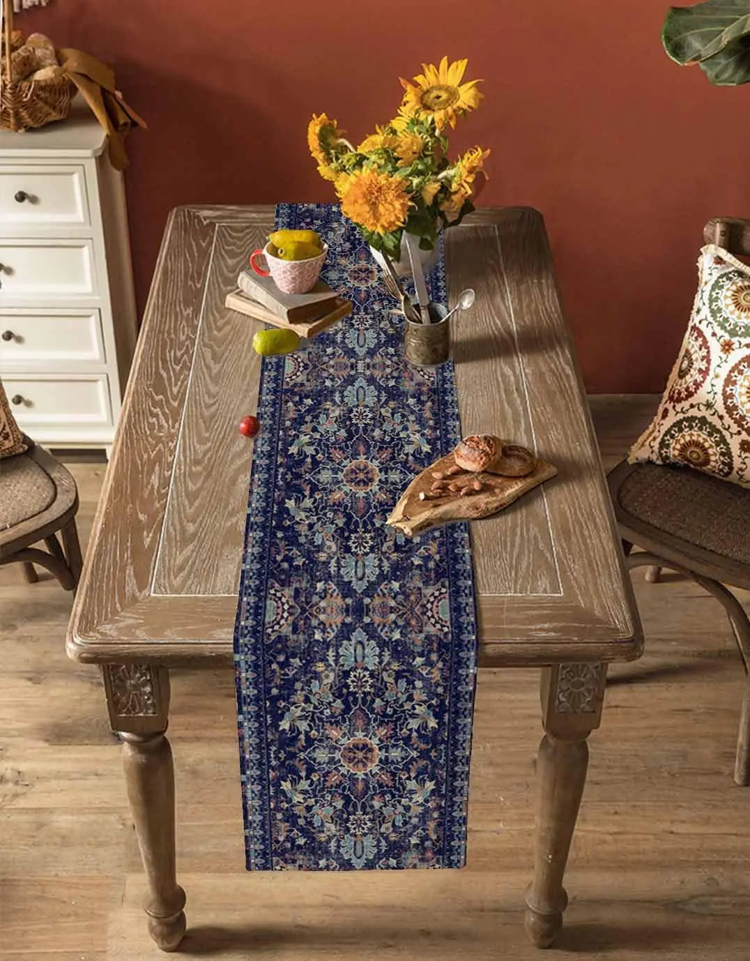 chambranle table lin floral bleu marine beige vert marron classique traditionnel