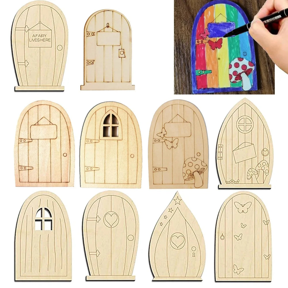 portes fée bois gravées motifs fantastiques peinture gouache pinceaux décorative anniversaire enfant rouge bleu