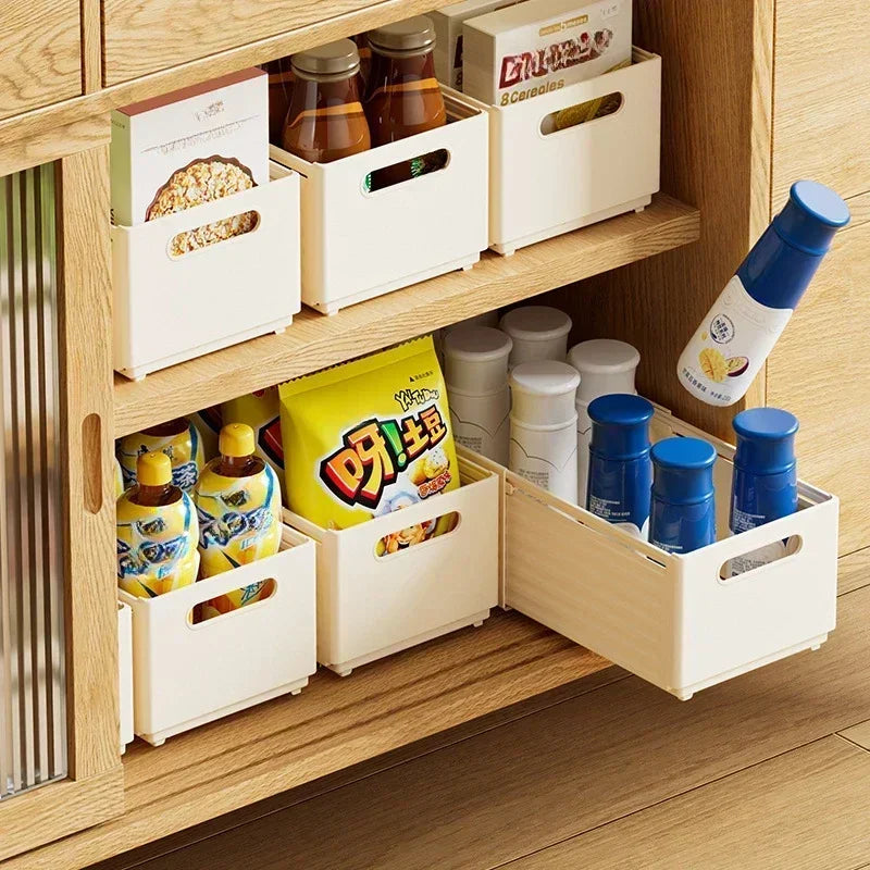 boîtes rangement rétractables blanc beige texture bois naturelle respect environnement clips poignées minimaliste