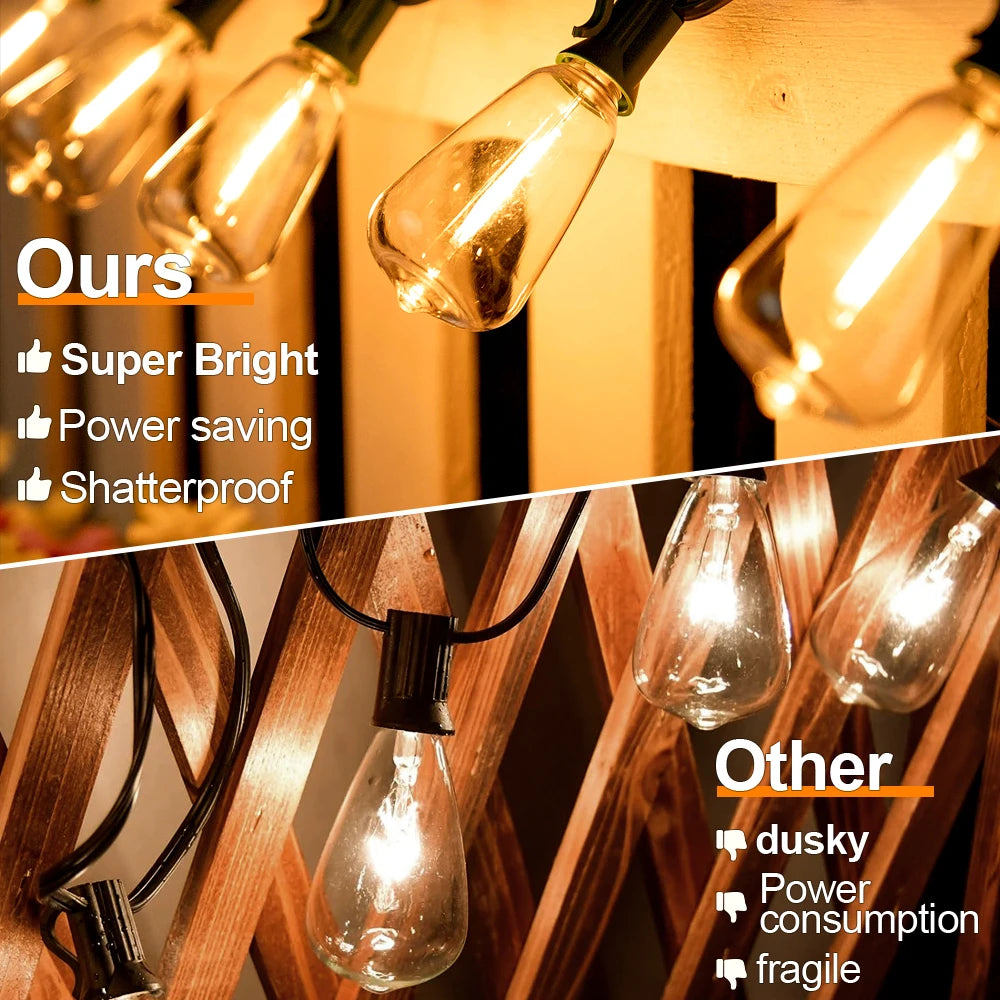guirlande lumineuse solaire 25ft blanc transparent ampoules filament vintage clips