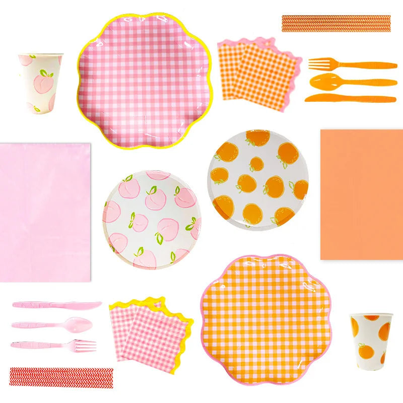 serviettes papier festives carreaux fruits pommes poires anniversaire mariage printemps orange rose