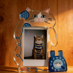 cadre photo transparent chat bleu violet enfantin dessin moustaches fil laine téléphone números