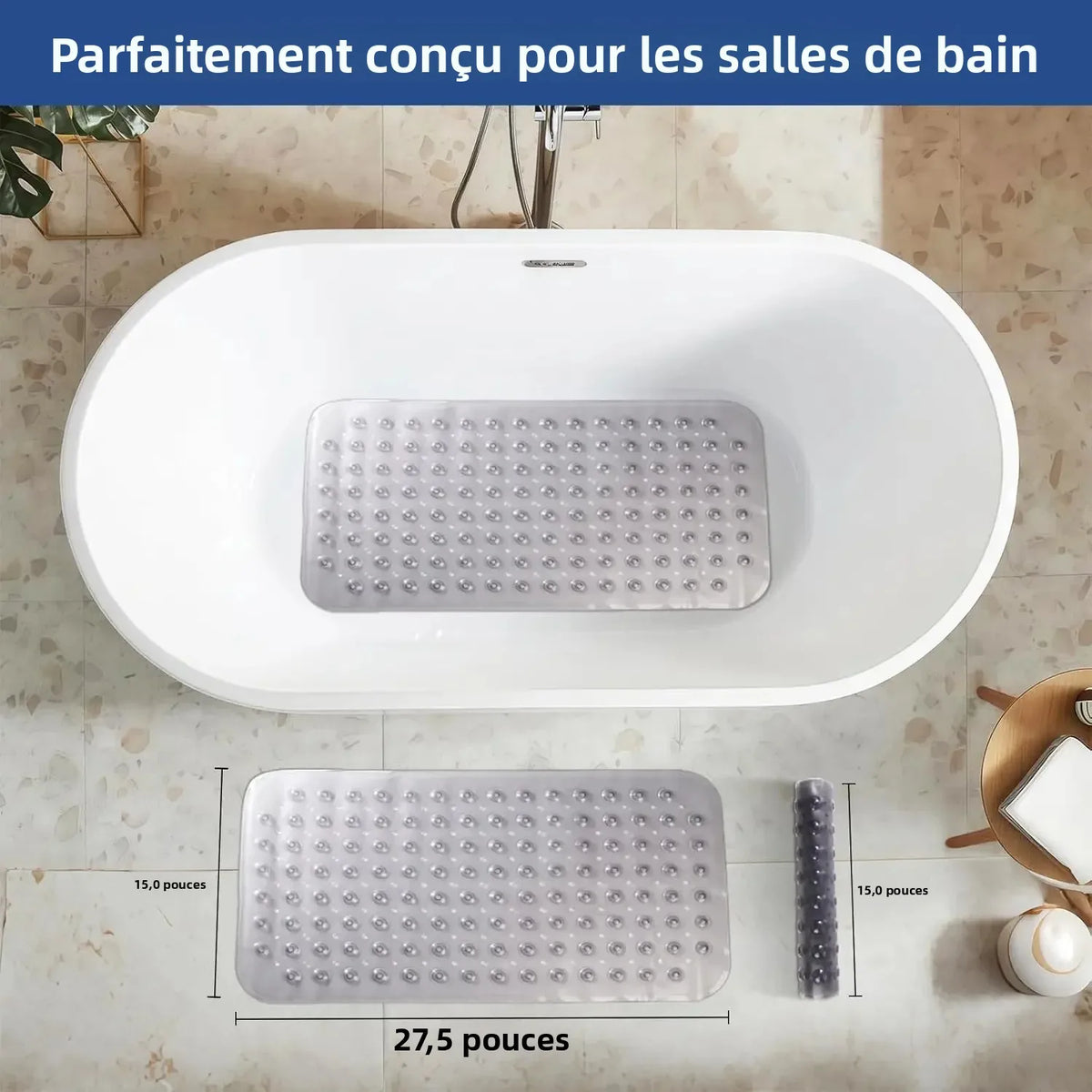 tapis bain transparent moderne perforations drainage ventouses puissantes pvc respectueux environnement salle bain