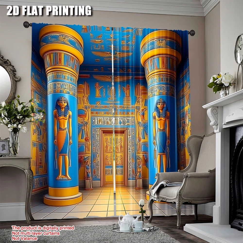 rideau égyptien traditionnel bleu jaune motifs hiéroglyphes classique opacité chambre salon