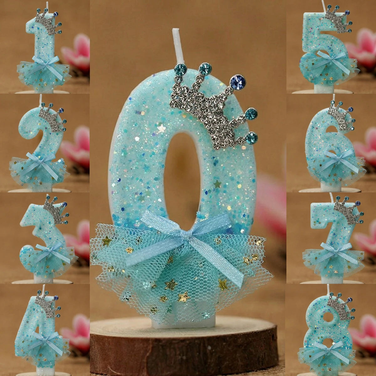 bougies numériques anniversaire forme chiffres paillettes strass rubans bleu rose décoratives féminines