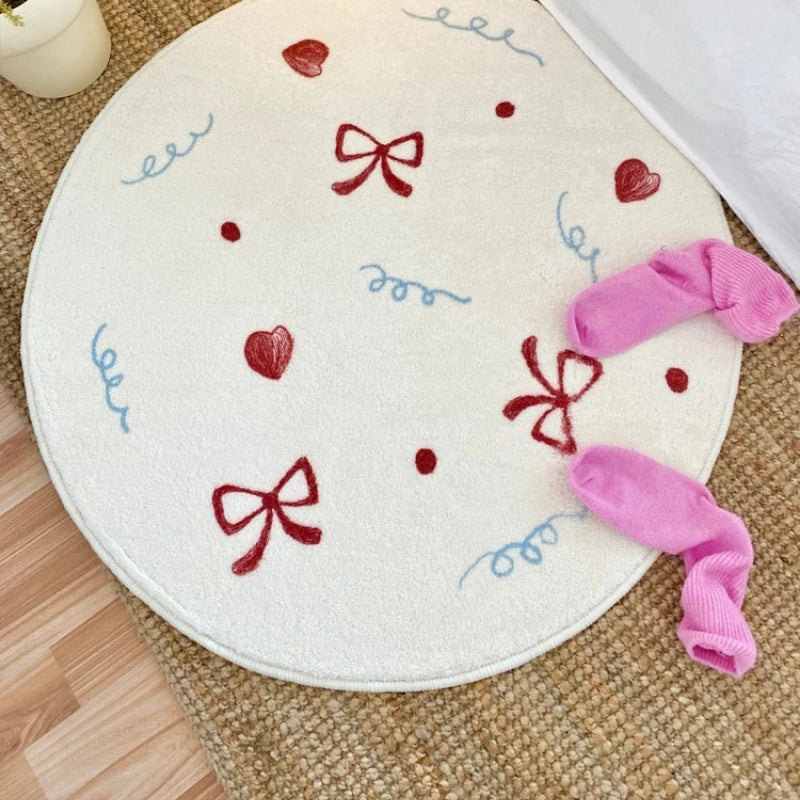 tapis rond blanc rose rouge bleu motif coeurs rubans lignes ondulées floral chambre salon