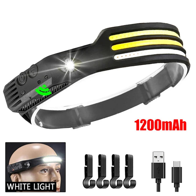 lampe frontale led cob rechargeable camping pêche randonnée noir rayures jaunes