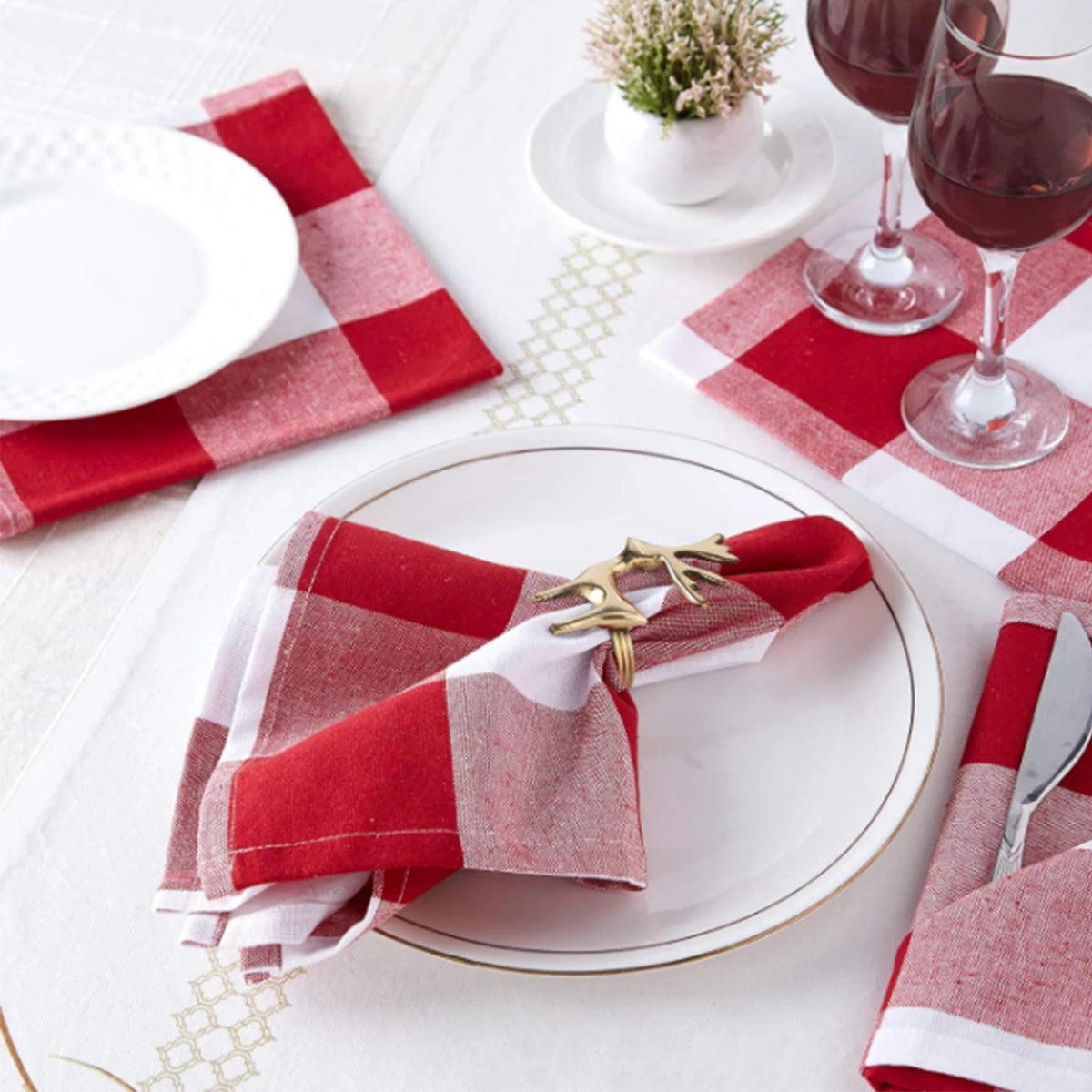 serviettes table jaune blanc carreaux classiques opaques ruban maison restaurant pack six