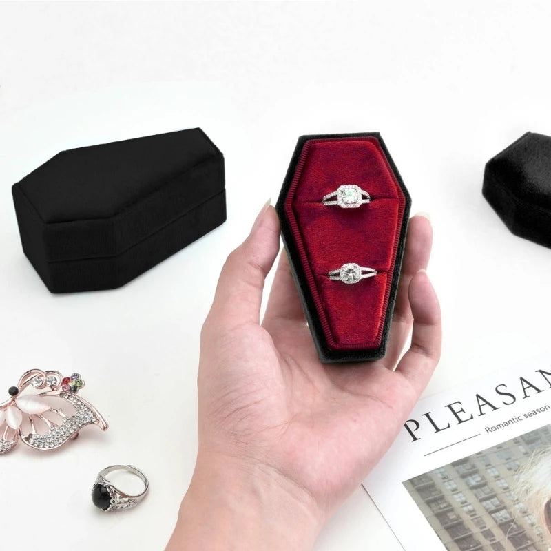 coffret bijoux velours noir rouge gothique bague organisation transport étui adhésif