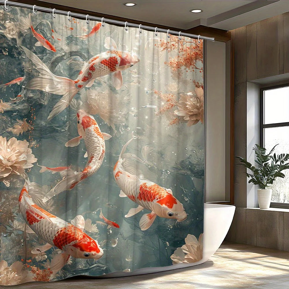 rideau douche moderne poissons koi fleurs bleu clair orange anneaux fixation 180x180cm opacité