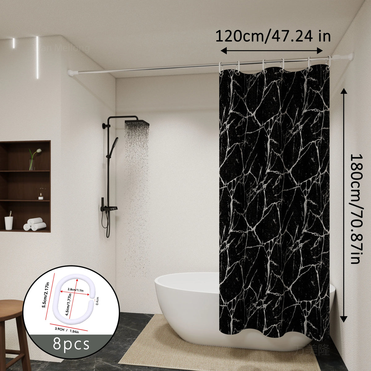 rideau douche moderne noir marbre opalescent respectueux environnement 120cm 180cm