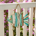 décoration murale poisson bois flotté vert clair rustique artisanal cordelette enchanvre