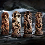 statues sculptées personnages mythologiques vikings bronzes dorés détails ethniques artisanat