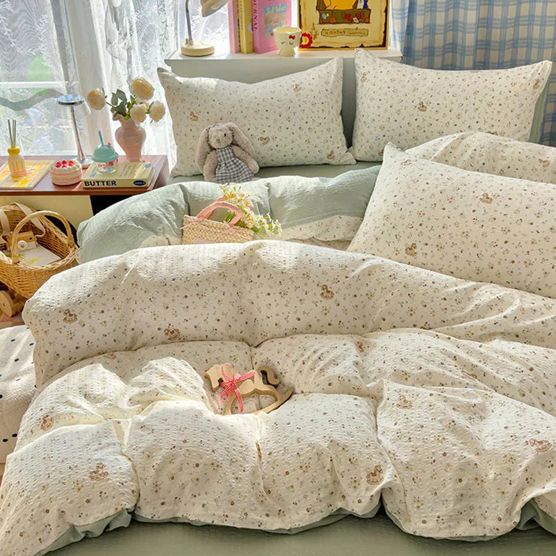 ensemble literie fleuri rose bleu marron clair coeurs taies d'oreiller housses couette doux moderne