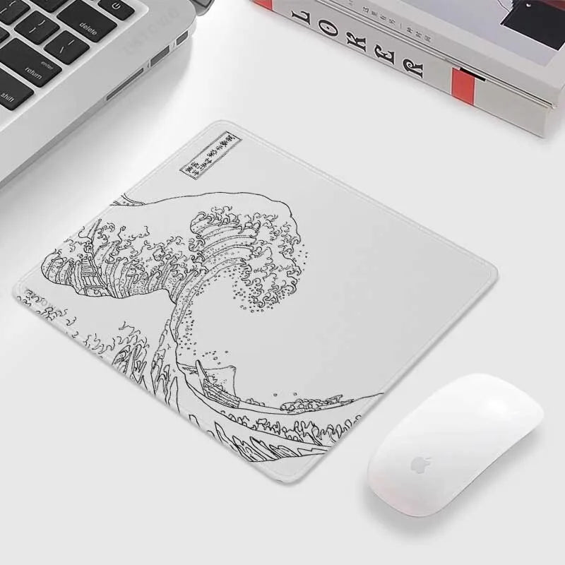 tapis souris grande vague hokusai blanc noir adhésif anti glisse caoutchouc naturel 21x26cm