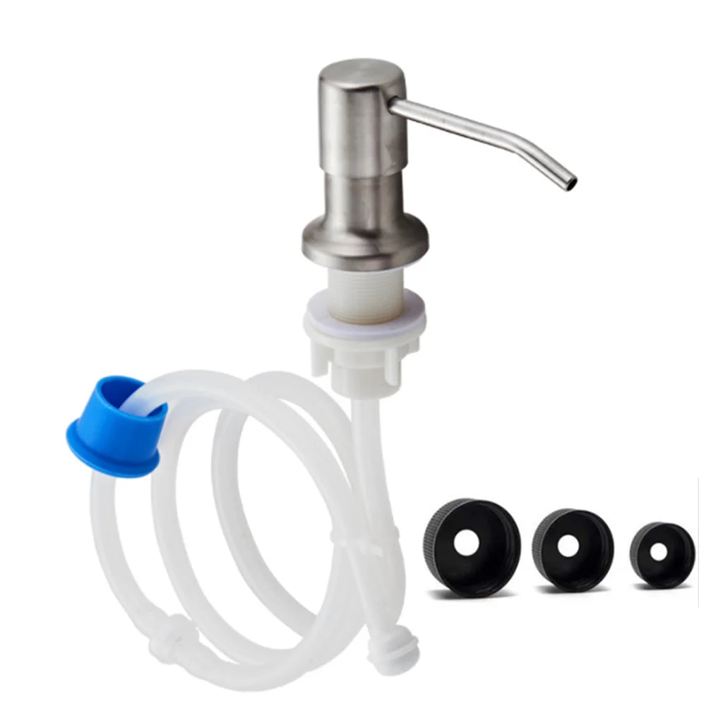 distributeur savon liquide or noir argent acier inoxydable moderne lisse fixations tube extension bouteille
