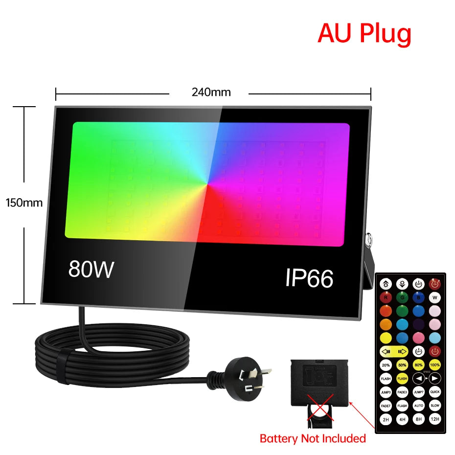 projecteur led rgb ip66 étanche extérieur télécommande réglage luminosité noir moderne