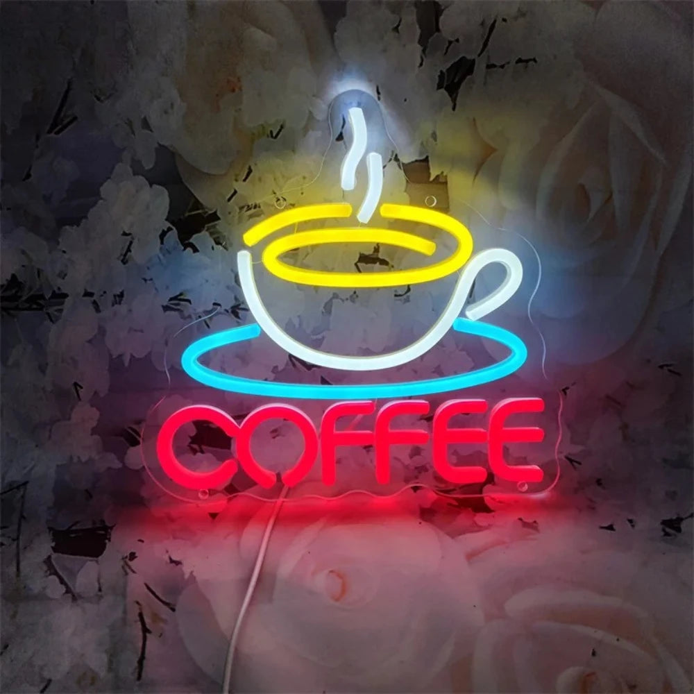 néon lumineux moderne coffee blanc bleu rouge jaune décoration intérieure professionnelle usb alimentée