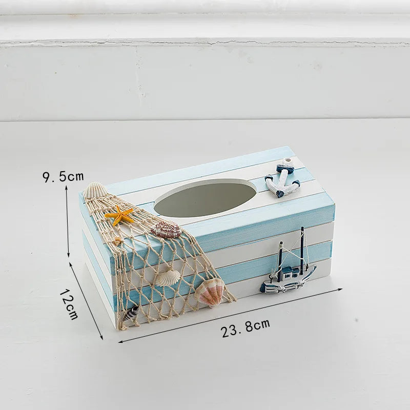 boîte mouchoirs marin bois bleu rayures coquillages bateau étoile mer décorative maison rangement