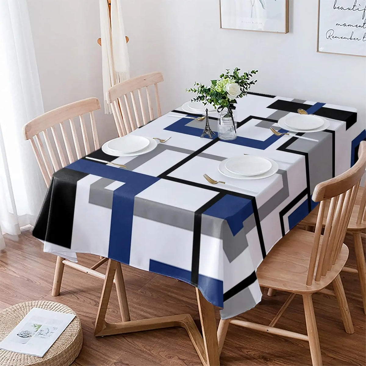 nappe table moderne géométrique bleu noir blanc rectangle réutilisable polyester at dining
