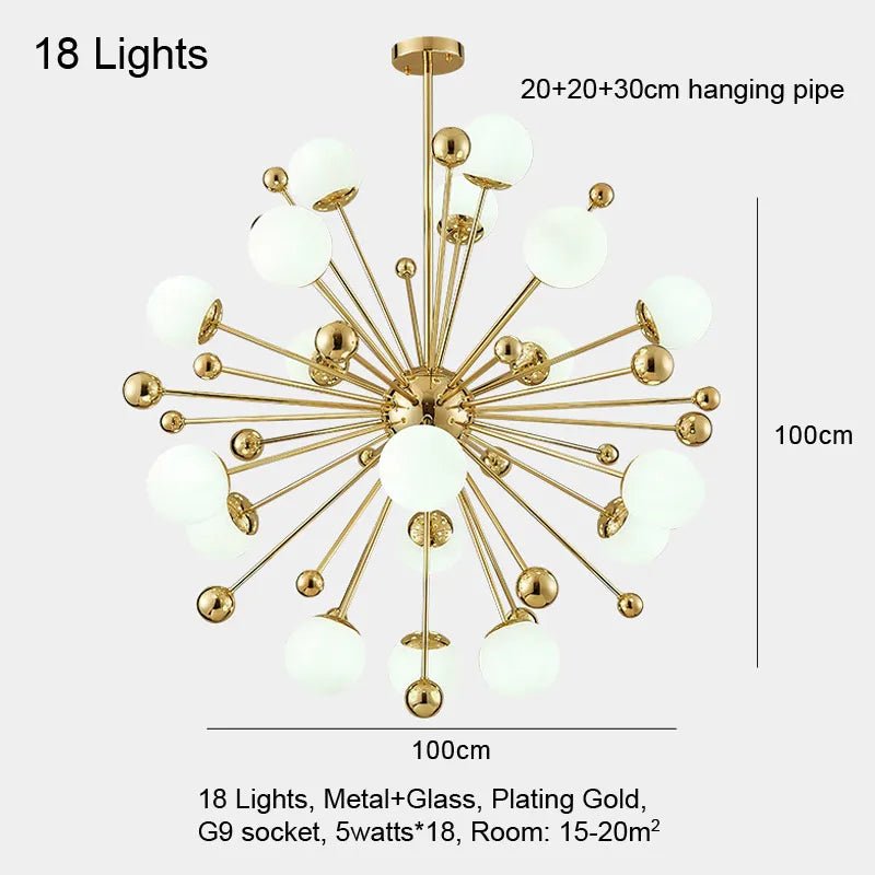 suspension lumineuse moderne or blanc 18 lumières structure radiale scandinave