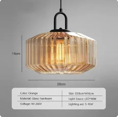 lampe suspendue verre cannelé ambre verte rose moderne minimaliste filament apparent