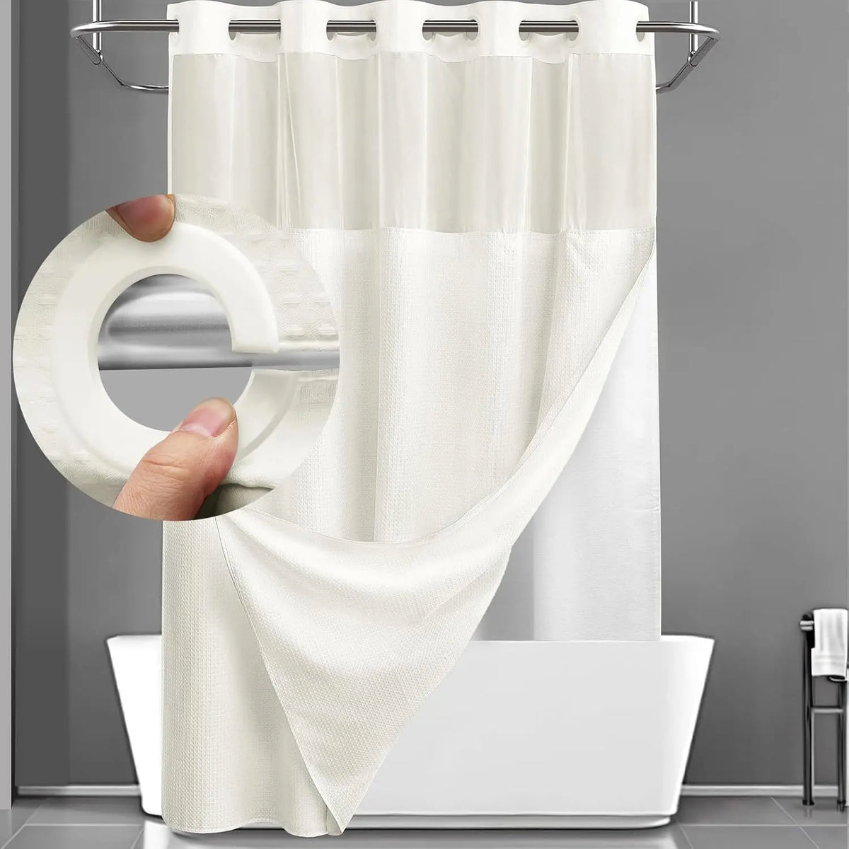 rideau douche moderne double couche gaufre blanc gris bleu vert texture tissée opaque magnets