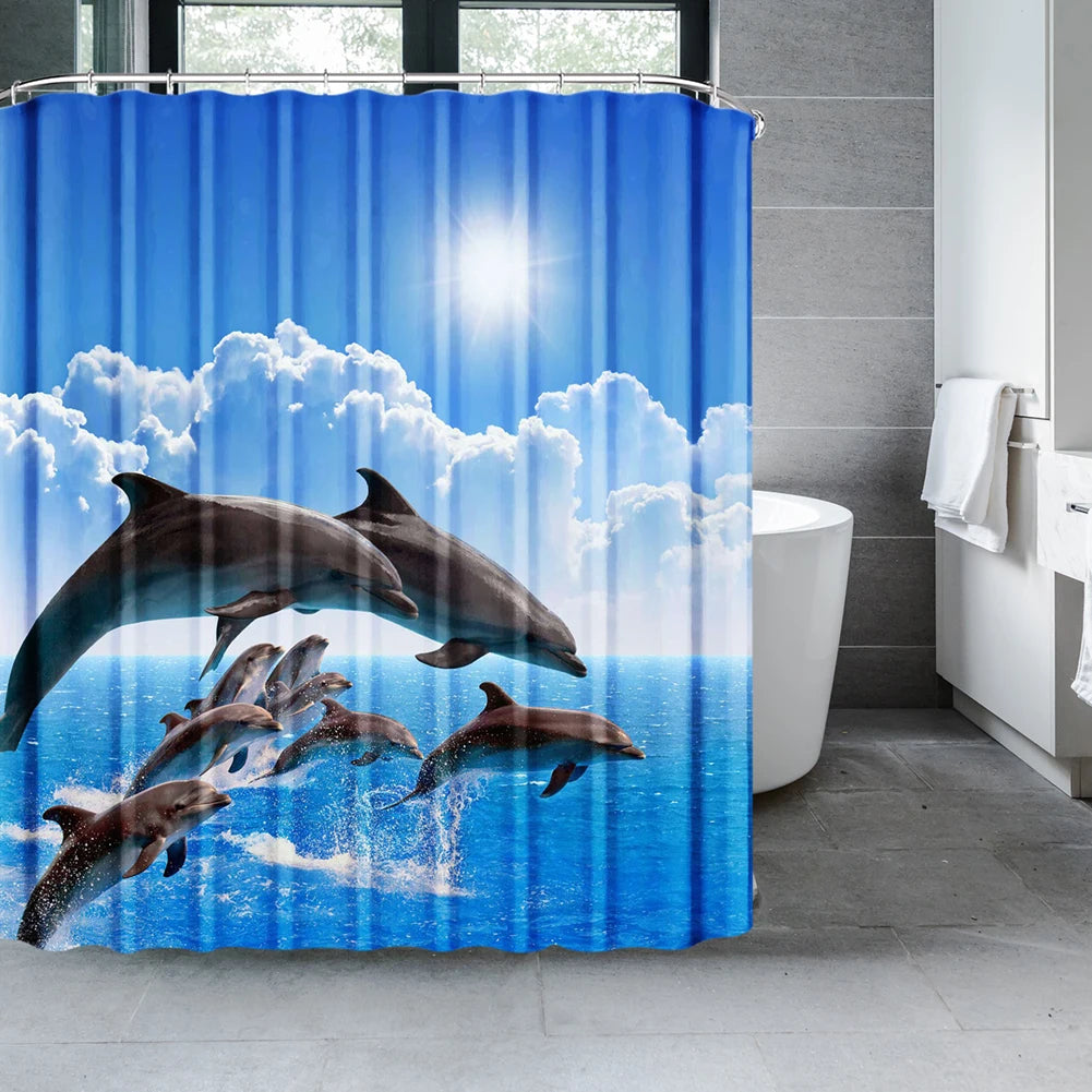 rideau douche dauphins sous marin polyester moderne 12 crochets poisson corail enfant océan bleu