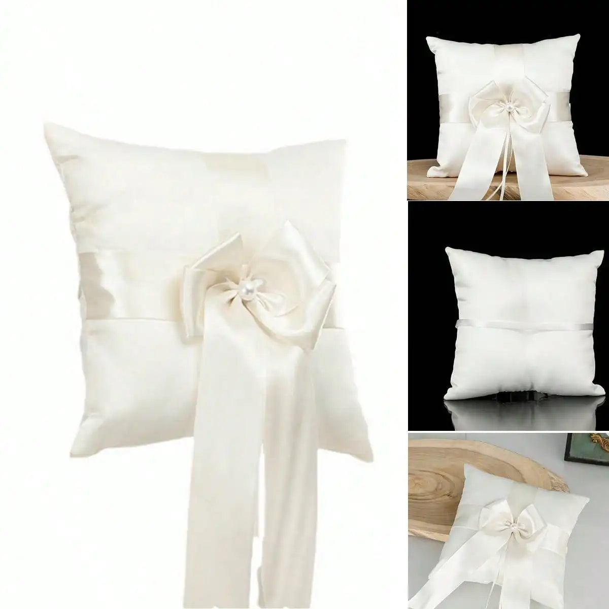 coussin alliance mariage blanc crème satin élégant nœud centre 20cm festive romantique