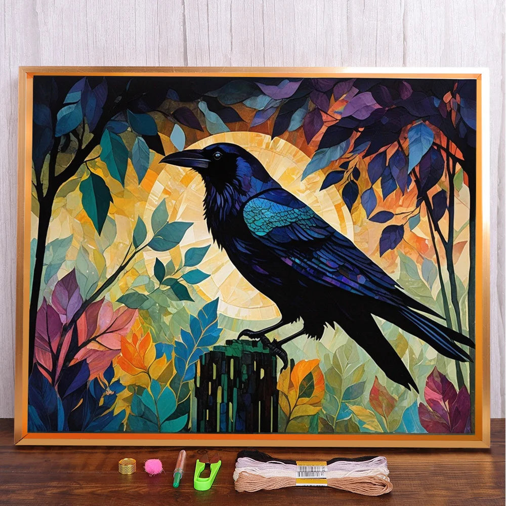 tableau moderne oiseau corbeau point croix kit broderie peinture coton abstrait feuilles colorées fixations