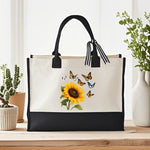sac main toile tournesol papillons beige noir moderne réutilisable respectueux environnement poignées détachables zippé