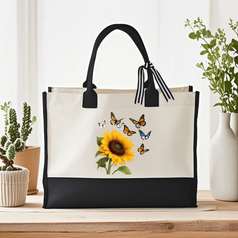 sac main toile tournesol papillons beige noir moderne réutilisable respectueux environnement poignées détachables zippé